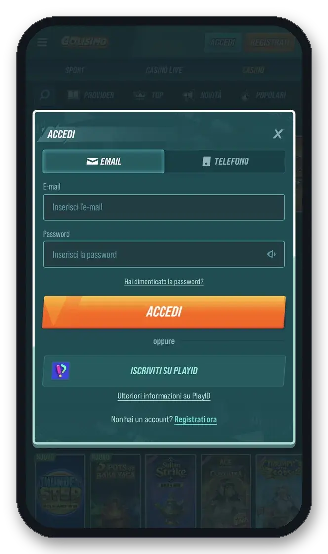 Finestra di accesso a Golisimo con scelta tra e-mail e numero di telefono
