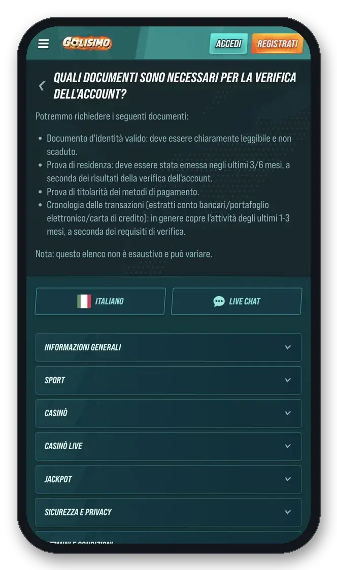 Centro assistenza Golisimo: elenco dei documenti richiesti per la verifica dell'account (KYC)